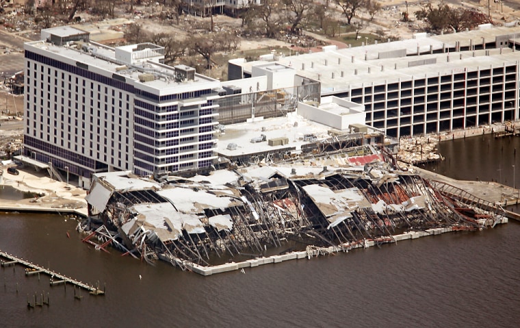 The Hard Rock hotel and casino is destroyed by Hurricane Katrina in Biloxi, Mississippi