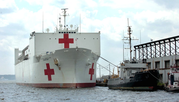 The USNS Comfort sits docked Wednesday, Aug. 31, 2005, in Baltimore. The hospital ship is preparing to leave Baltimore and sail south to help victims of Hurricane Katrina. The Baltimore-based ship is part of the Navy's Military Sealift The Comfort is expected to be part of what many say is the largest domestic disaster relief effort in years. The military is mainly providing search and rescue, medical help and supplies to the Gulf Coast states of Louisiana, Mississippi and Alabama.Command.(AP Photo/Gail Burton)