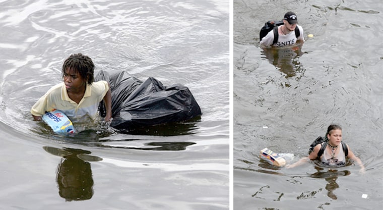 LEFT:
A young man walks through chest deep flood water after looting a grocery store in New Orleans on Tuesday, Aug. 30, 2005.  Flood waters continue to rise in New Orleans after Hurricane Katrina did extensive damage when it made landfall on Monday. (AP Photo/Dave Martin)

RIGHT:
NEW ORLEANS - AUGUST 29:  Two residents wade through chest deep water after finding bread and soda from a local grocery store after Hurricane Katrina came through the area on August 29, 2005 in New Orleans, Louisiana. Katrina was down graded to a category 4 storm as it approached New Orleans.  (Photo by Chris Graythen/Getty Images)