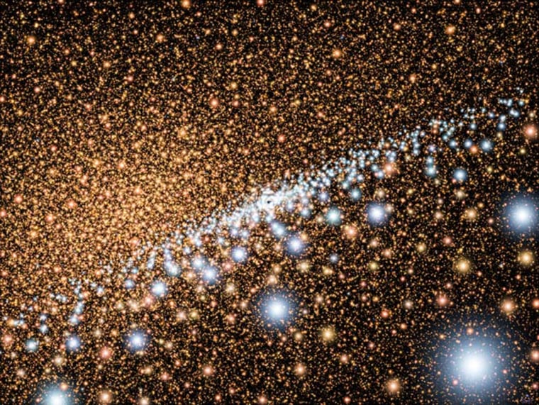 Hubble's new observations did not involve conventional pictures. This artist's concept shows a view across the mysterious disk of young, blue stars circling the supermassive black hole at the core of the Andromeda Galaxy. Credit: NASA, ESA and A. Schaller (for STScI)