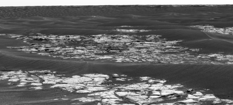 This image of Erebus crater was taken by Opportunity as it looked south. The rock exposures in the foreground lie just north of the crater.