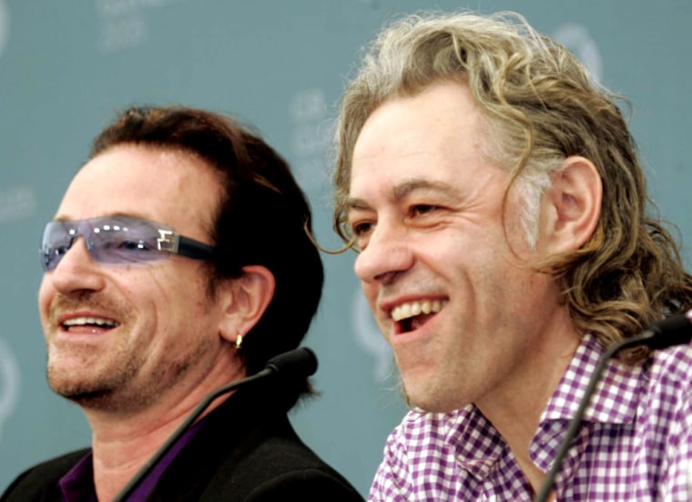 U2 singer Bono, left, and Live8 organizer Bob Geldof, speak at a press conference at the end of the G8 Summit in Gleneagles, Scotland, Friday July 8, 2005.(AP Photo/Ted S. Warren)