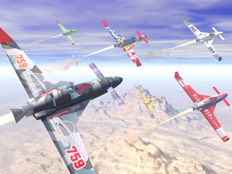 An artist's conception shows staggered flights of several X-Racers in a Rocket Racing League competition.