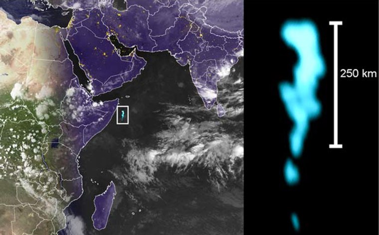 The image at left shows the region of the Indian Ocean off the coast of Somalia where the "milky sea" was spotted by the Defense Meteorological Satellite Program, and the image at right is a magnified detail showing the glow itself.