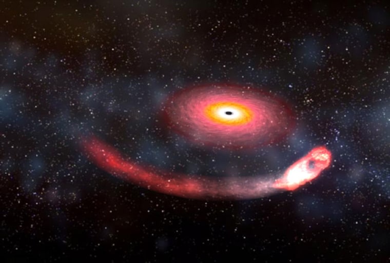 An artist's conception shows a black hole in the process of devouring a dense neutron star.