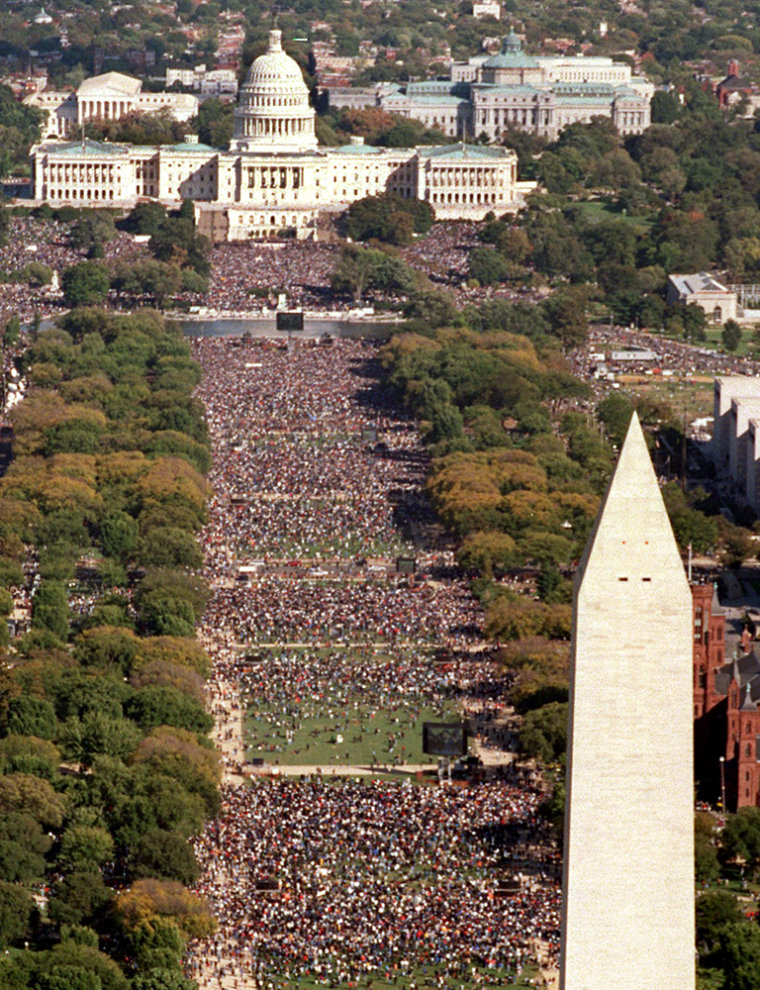 A crowd estimated at up to 1 million is seen in this Oct. 16, 1995, aerial file photo, during the first Million Man March in Washington. The 10th anniversary of the event, scheduled for Saturday, could be a forum for black America to respond to the destruction in New Orleans after Hurricane Katrina. 