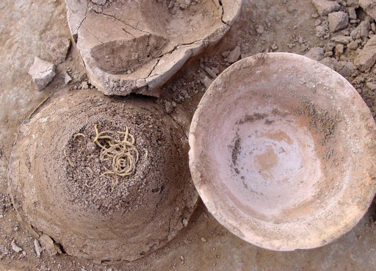 Undated handout photograph shows noodles dating to 4,000 years ago