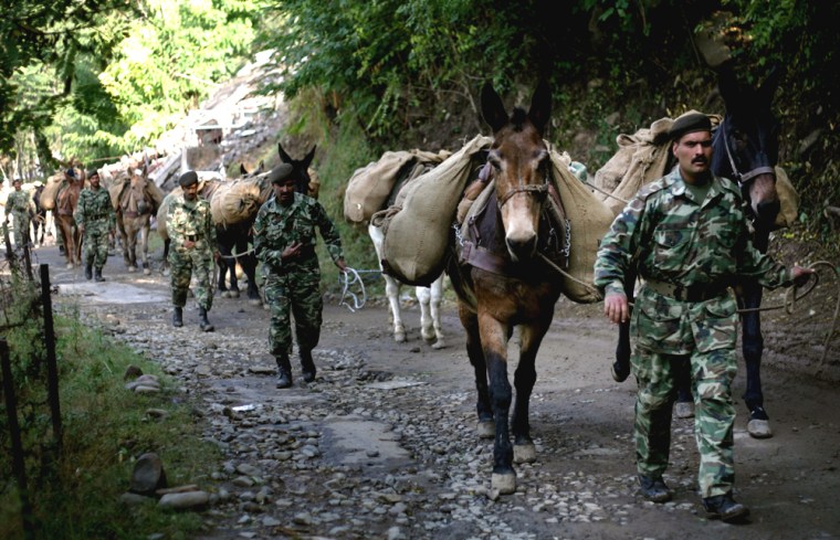 Pakistani soldiers lead mules carrying aid for people affected by the Oct. 8 earthquake, as they approach the village of Bisuti in the Himalayan Mountains on Monday. 