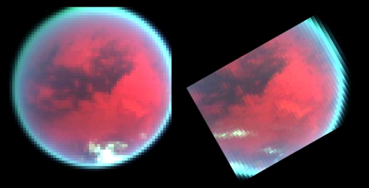 These false-color images from the Cassini spacecraft show evidence of changing weather patterns in Titan's southern hemisphere. In the left-hand image, taken on Oct. 26, 2004, Titan's skies are cloud-free except for a white patch of clouds over the south pole. In the right-hand image, taken on Dec. 13, 2004, additional cloud streaks have formed over temperate latitudes. 
