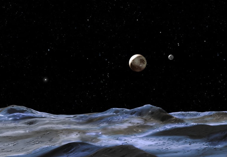 This illustration shows the Pluto system from the surface of one of the candidate moons. The other members of the Pluto system are just above the surface. Pluto is the large disk at center right. Charon, the system's only confirmed moon, is the smaller disk to the right of Pluto. The other candidate moon is the bright dot on Pluto's far left.