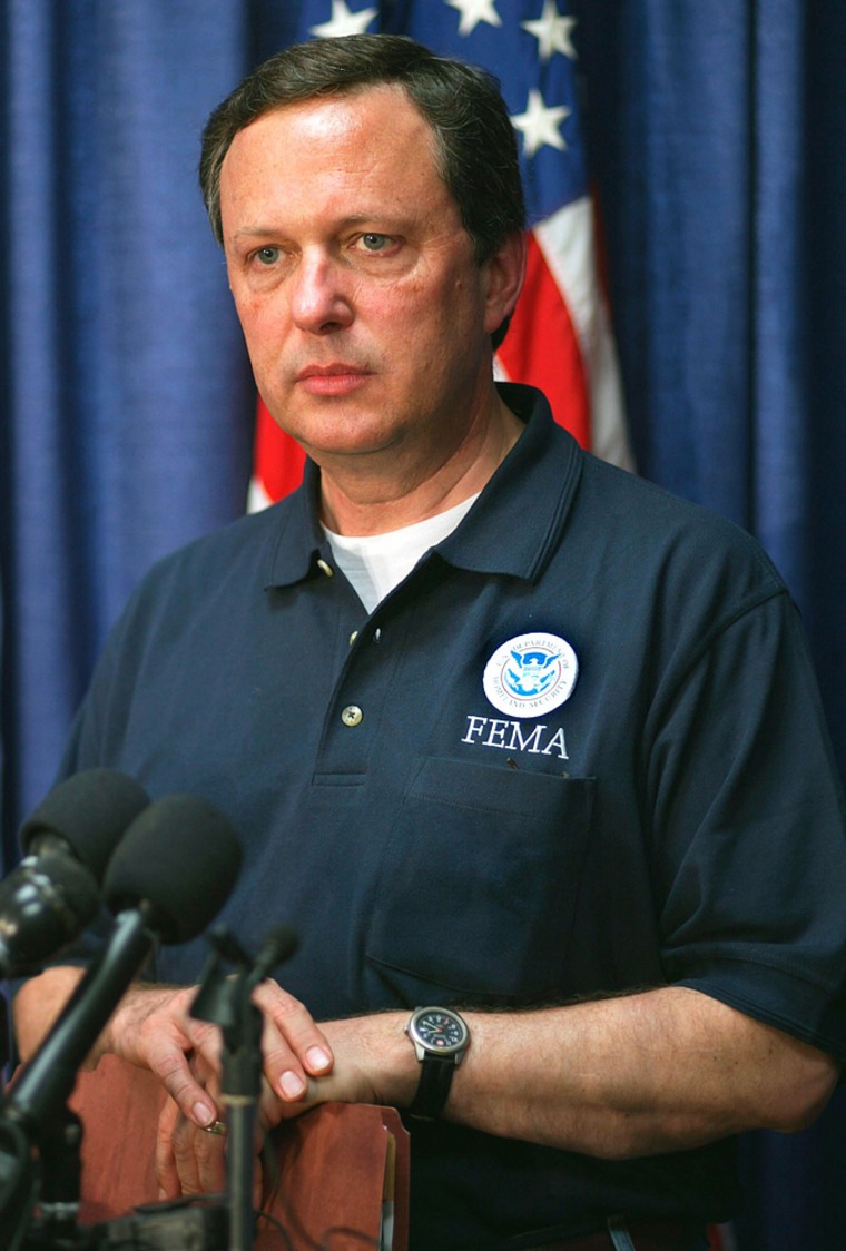 File photo of FEMA Director Michael Brown making a statement at the Louisiana State Emergency Operations Center