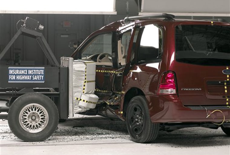 In this undated photo provided by the Insurance Institute for Highway Safety, a crash test is shown of a 2006 Ford Freestar without optional side airbags. (AP Photo/Insurance Institute for Highway Safety)