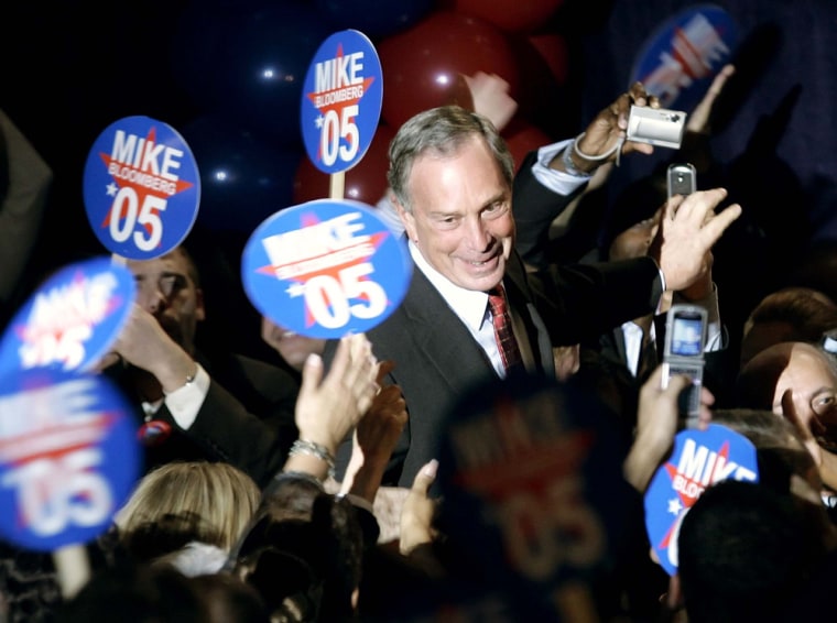 New York City Mayor Michael Bloomberg greets supporters during a party for his election to a second term in New York, Tuesday, Nov. 8, 2005.  (AP Photo/Gregory Bull)
