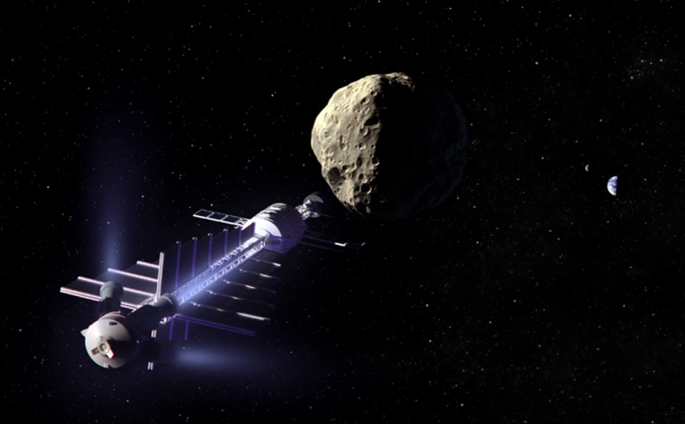 An artist's conception shows an "asteroid tractor" in a position near an asteroid. The gentle gravitational attraction between the spacecraft and the asteroid would help change the asteroid's course. The tractor's thrusters are angled away to avoid disturbing the asteroid itself.