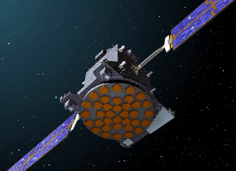 An artist's conception shows the Giove satellite, part of the Galileo positioning system, in orbit.
