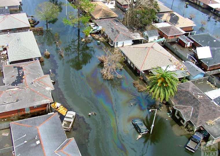 These and hundreds of other homes in Meraux and Chalmette, La., saw a double whammy from Hurricane Katrina: floodwaters and an oil spill. The area has since dried out, leaving oil-tainted residue on homes, lawns and other property.