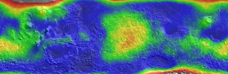 This hydrogen distribution map from Los Alamos National Laboratories shows where hydrogen that may be tied up in water exists on Mars. Blue and green indicate low levels of abundance; red and orange indicate high levels.