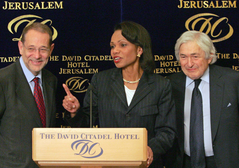 Rice, Solana and Wolfensohn attend a joint press conference in Jerusalem