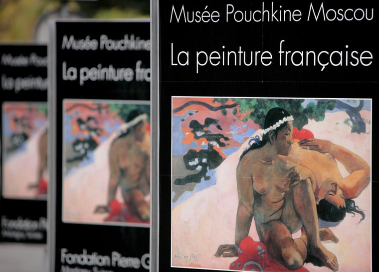 Exhibition posters of the Gianada Museum, referring to the collection of Impressionist paintings from Moscow's Pushkin Fine Arts Museum, are pictured at the Gianada Museum in Martigny, Switzerland.