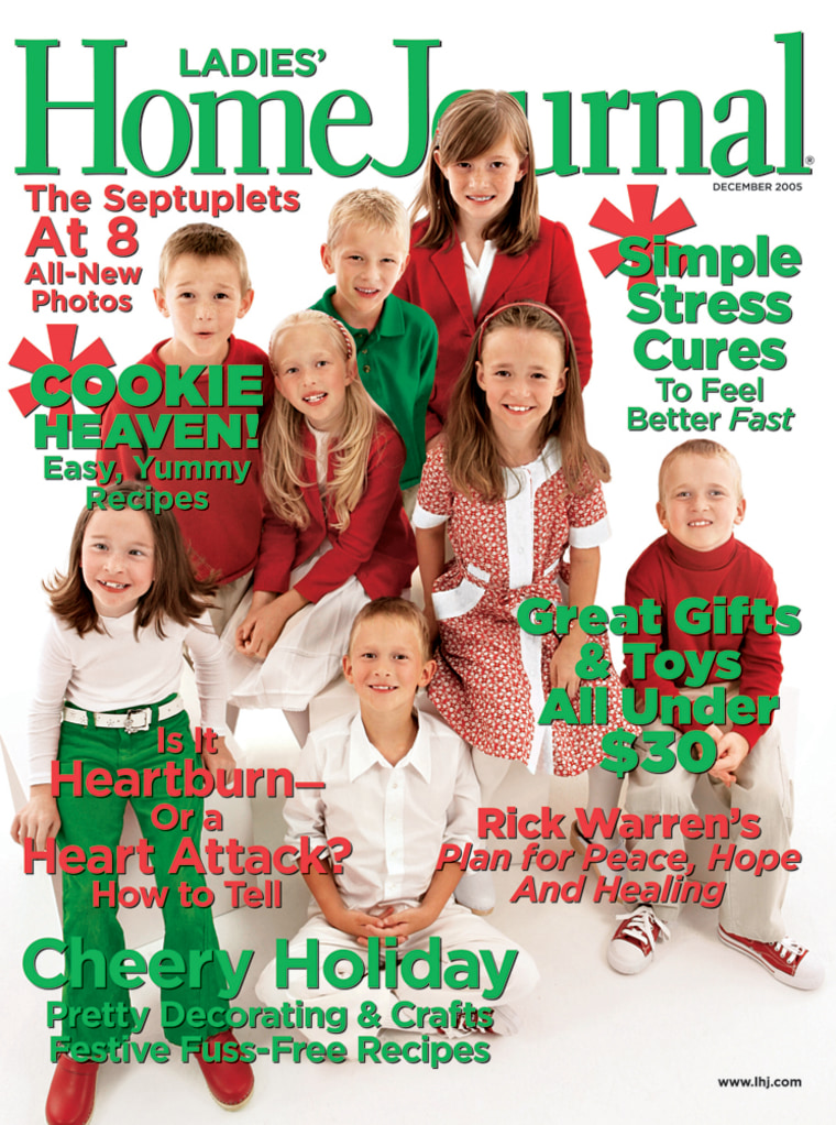 How do you get seven 8-year-olds ready for holiday photos? The siblings grace the cover of  a December magazine.