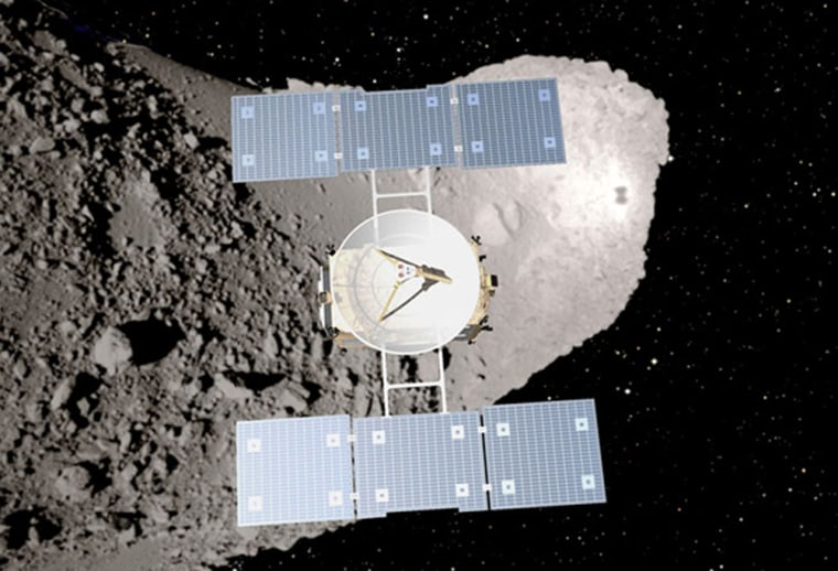 An artist's conception shows the Hayabusa probe near asteroid Itokawa, with the probe's shadow visible near the right edge of the asteroid.
