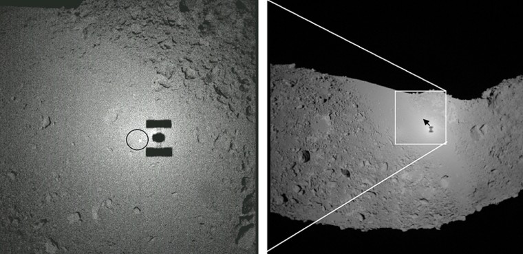 The right-side view, captured by Hayabusa's camera, shows the probe's own shadow on asteroid Itokawa. The picture at left, taken at a higher resolution, shows the probe's shadow with what mission managers believe could be a softball-sized touchdown target on the surface, indicated by a circle.