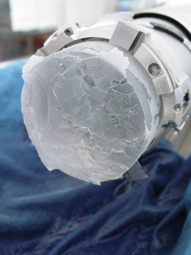 This ice core was drilled from a depth of 9,000 feet in Antarctica, one of several used for a new study that found carbon dioxide levels are rising 200 times faster than any recorded in the samples. The core is about 491,000 years old and contains a continuous time series of CO2 and other greenhouse gases.