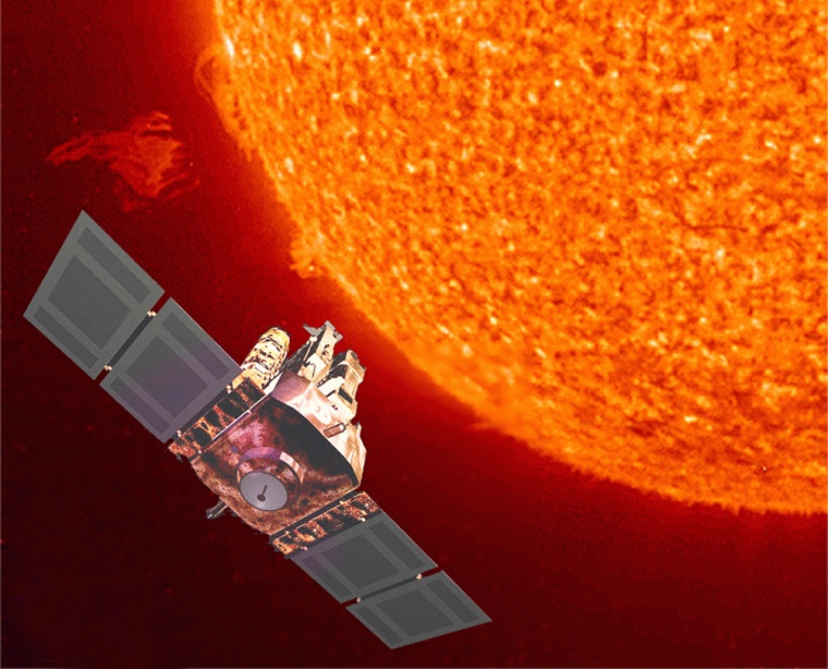An artist's conception shows the Solar and Heliospheric Observatory in space. The probe maintains an orbit 1 million miles from Earth, and thus the sun is not shown to scale.