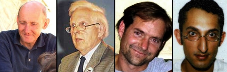 This combination of undated pictures released by the Christian Peacemaker Teams shows (left to right) kidnapped U.S. national Tom Fox, 54, from Clearbrook, Virginia, British national Norman Kember, 74, Canadian nationals James Loney, 41, and Harmeet Singh Sooden, 32. 