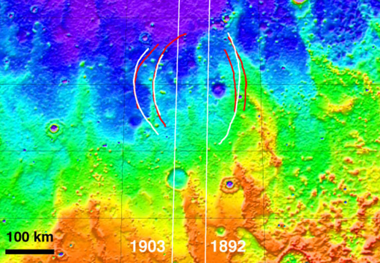 This topographic map, based on Mars Orbiter Laser Altimeter data, shows the arc structures detected by Mars Express' MARSIS instrument that are interpreted to be part of a buried impact basin about 160 miles (250 kilometers) in diameter. The map's colors are coded to reflect low (purple) to high (red) elevations.