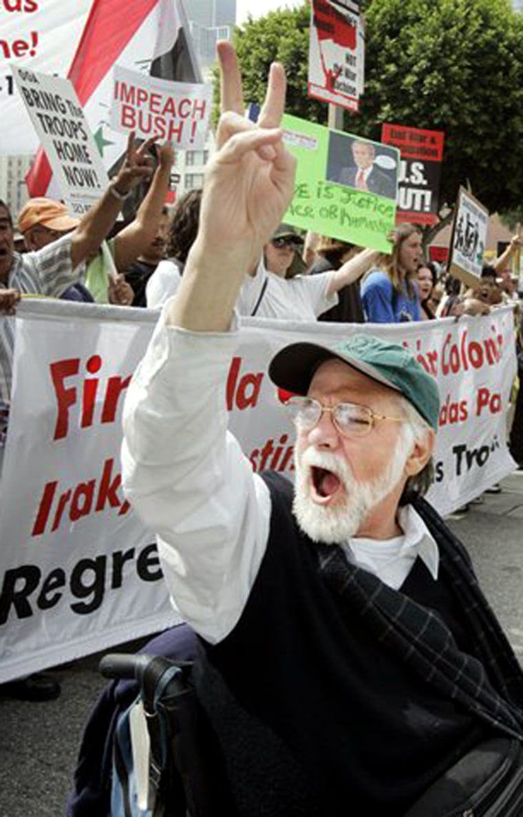 Disabled Vietnam War veteran and anti-war activist Ron Kovic, subject of the film "Born On The Fourth of July," leads a protest against U.S. involvement in Iraq, in Los Angeles in September. Kovic says baby boomers should be proud of their legacy.