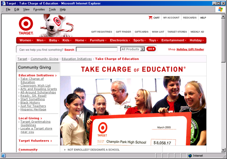 Target's "Take Charge of Education" program allows users of its credit card to designate a school to receive donations based on a percentage of purchases.