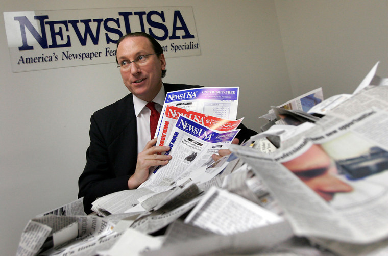 NewsUSA founder and CEO Rick Smith encourages editors to send in clippings of NewsUSA stories, which are strewn around its cramped offices.