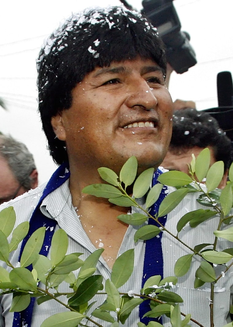 Bolivian presidential candidate Morales carries a coca plant before voting in general elections in Villa 14 de Septiembre