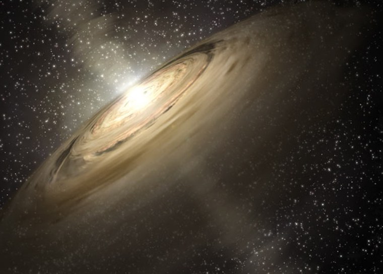 This artist's concept illustrates a solar system that is a much younger version of our own. Dusty disks, like the one shown here circling the star, are thought to be the breeding grounds of planets, including rocky ones like Earth. 