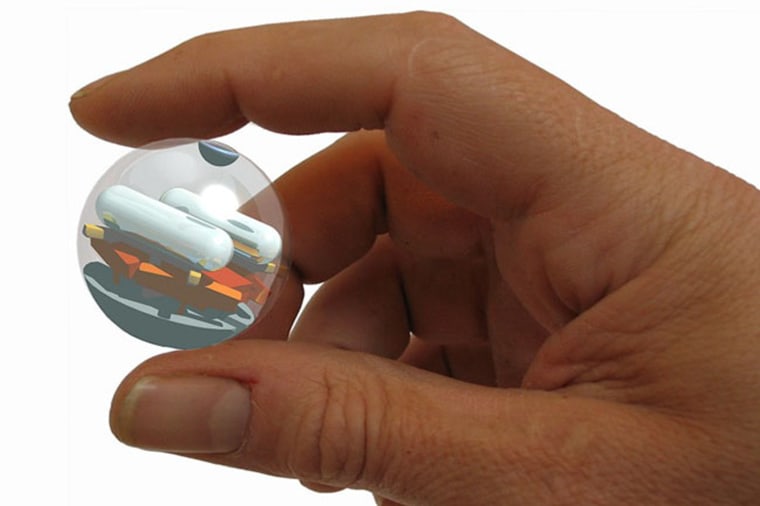 Small, spherical microbots filled with minature fuel cells, instruments and an artificial muscle for hopping could prove an asset for future planetary exploration.