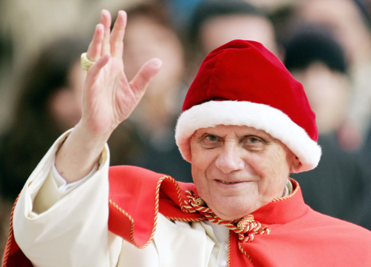 Pope Benedict XVI wearing a Camauro, a r
