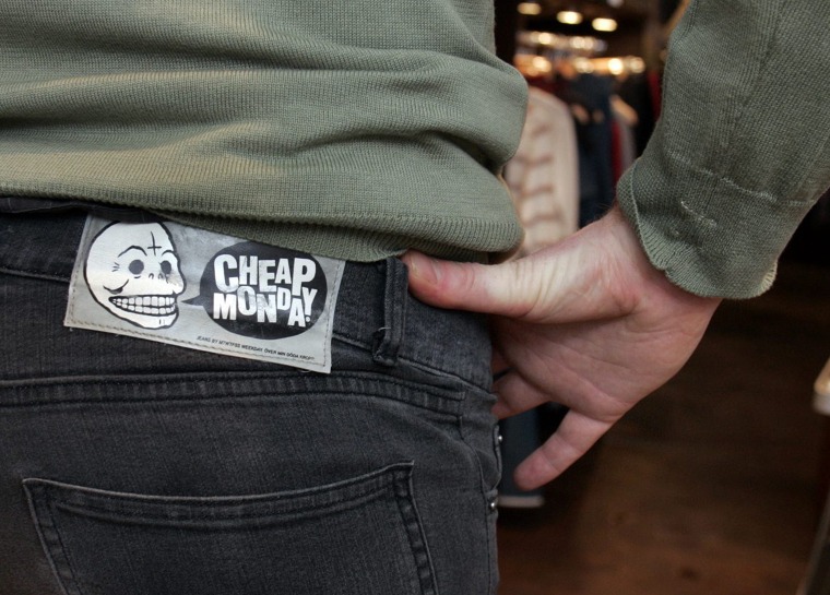 Cheap Monday jeans are a hot commodity among young Swedes even if a few buyers are turned off by its satanic-style logo: a skull with a cross turned upside-down on its forehead.