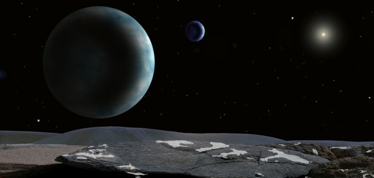 In this artist's concept, Pluto and its moon Charon are seen from the surface of one of Pluto's newly discovered candidate satellites. 