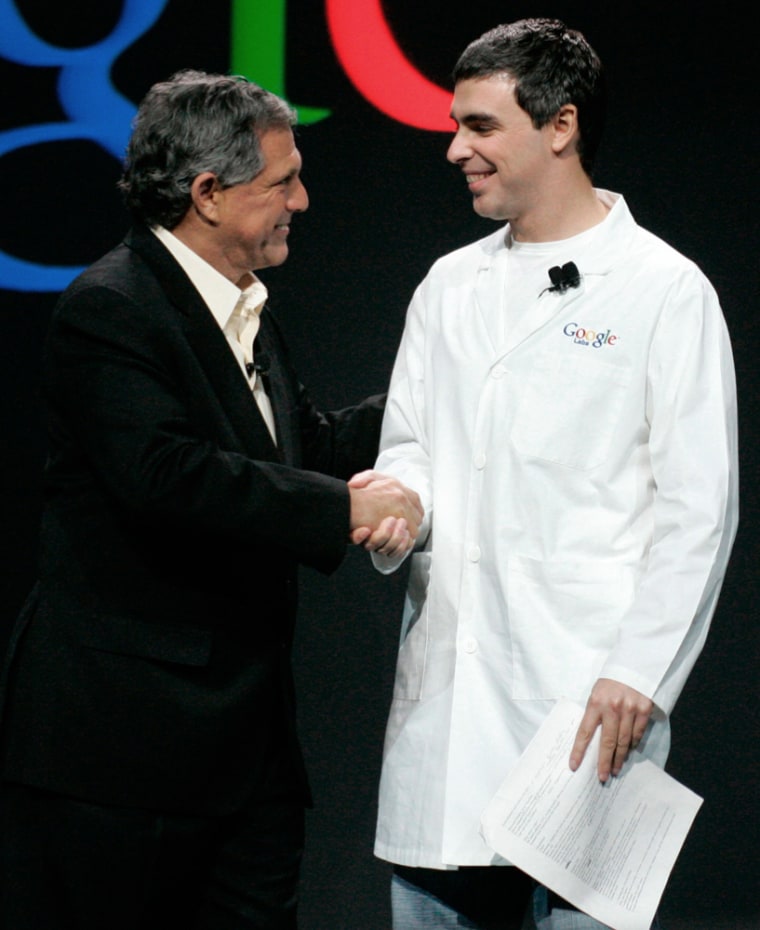 CBS chief executive greets Google co-founder during keynote speech at Consumer Electronics Show in Las Vegas