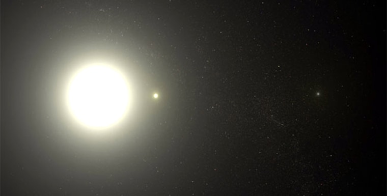 An artist's conception shows Polaris A with a close companion, known as Polaris Ab. Yet another companion star, Polaris B, can be seen as a speck in the background at right.