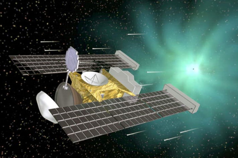 NASA's Stardust spacecraft, shown in this artist's conception, collected particles from Comet Wild 2's coma in 2004. Samples from the comet — as well as samples of interstellar dust — were captured in an aerogel-filled collector during separate periods of exposure.