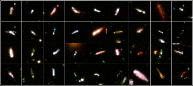 This gallery shows 36 "tadpole galaxies" from the Hubble Ultra Deep Field image.