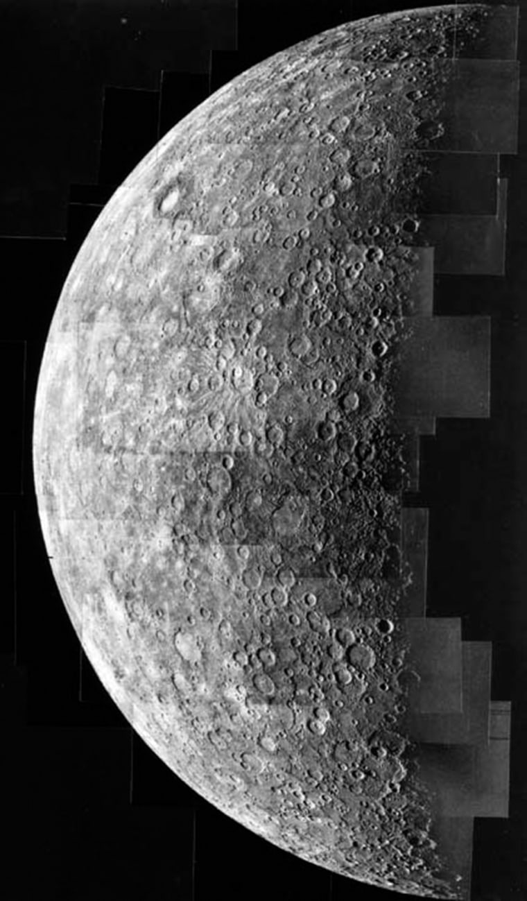 This mosaic image, based on data from the Mariner 10 spacecraft, shows Mercury's pockmarked surface.