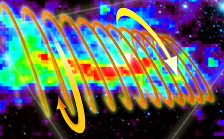 Spiral-shaped graphics illustrate how a magnetic field interacts with the Orion Molecular Cloud, as charted by the Green Bank Telescope.