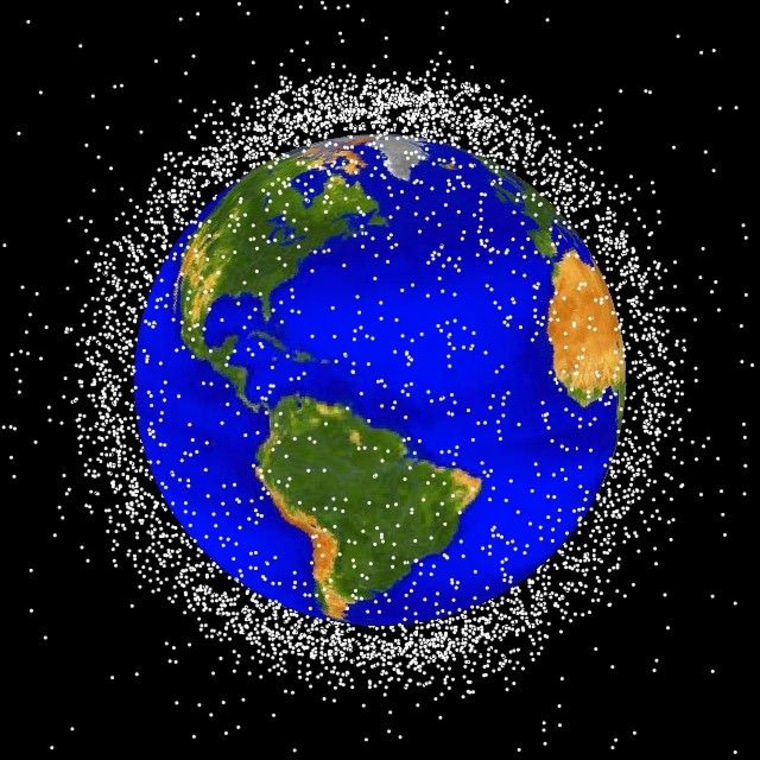 This graphic shows the locations of orbital debris in low Earth orbit, within a few hundred miles of the planet's surface. Still more space junk extends out thousands of miles.