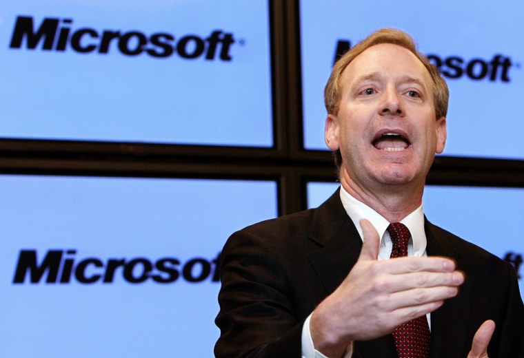 Microsoft Corp's General Counsel Smith speaks at news conference in Brussels