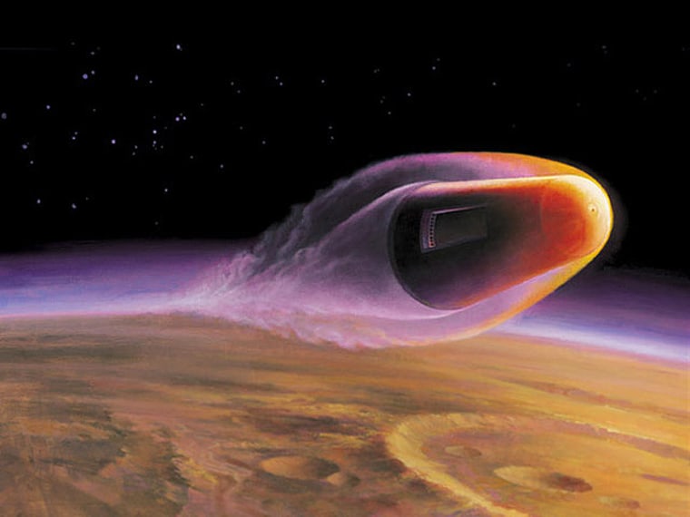 A proposed mission called Sample Collection for Investigation of Mars, or SCIM, would send a probe skimming through the Red Planet's atmosphere to sweep up samples of dust and gas, then bring the samples back to Earth for analysis. This artist's conception shows the probe during the sample collection phase.