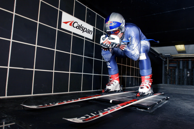 Daron Rahlves, a member of the U.S. alpine men's ski team for the Turin Olympics, tests his equipment and his technique in Calspan's Low-Speed Wind Tunnel in Buffalo, N.Y. Wind-tunnel testing has become routine in Olympic preparations.