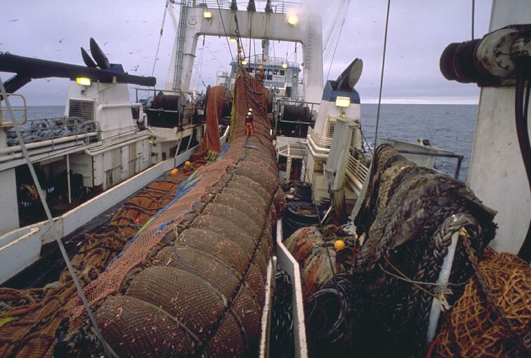 Commercial fishing vessels like this one can bring in much larger hauls than ships of the past. Conservationists fear that technological advance is wiping out some species.